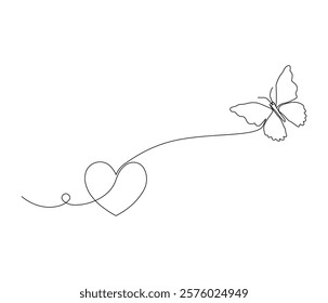 Butterfly and love sign. One continuous line drawing of heart. Symbol of Valentine day and romantic moment. Editable stroke. Doodle line illustration