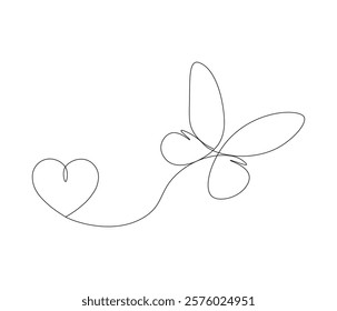 Butterfly and love sign. One continuous line drawing of heart. Symbol of Valentine day and romantic moment. Editable stroke. Doodle line illustration