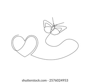 Butterfly and love sign. One continuous line drawing of heart. Symbol of Valentine day and romantic moment. Editable stroke. Doodle line illustration