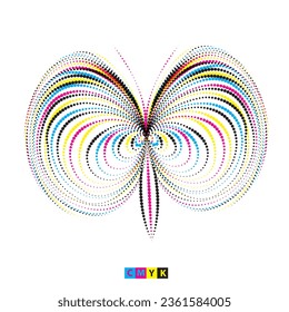 una mariposa hecha de líneas de color cmyk efecto punto semitono, un icono de forma de dibujo de línea blanca y negra con efecto de punto semitono sobre fondo blanco 