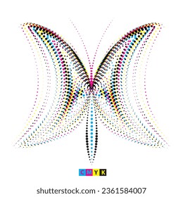 a butterfly made of cmyk colored lines halftone dot effect, a white and black line drawingct shapes icon logo with halftone dot effect on white background 