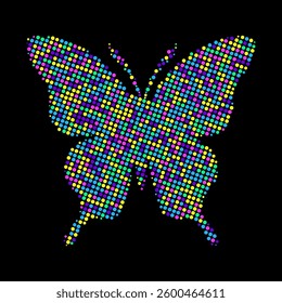 Butterfly  made of colorful dots on a black background.