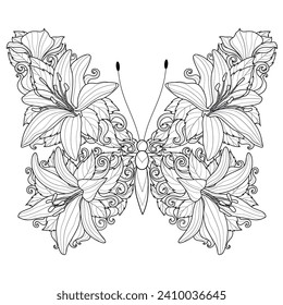 Butterfly made of flowers.Coloring book antistress for children and adults. Illustration isolated on white background.