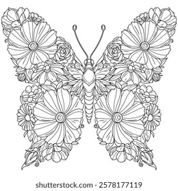 A butterfly made of flowers.Coloring book antistress for children and adults. Illustration isolated on white background.Zen-tangle style. Hand draw