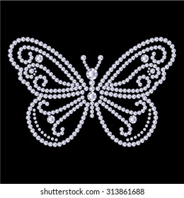 Butterfly, made with shiny diamonds. Isolated on the black background. Vector illustration.