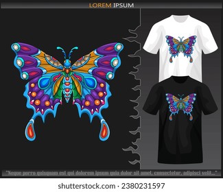 Butterfly mandala arts isolated on black and white t shirt.