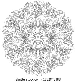 ilustración de vector blanco y negro de mandala de mariposa
