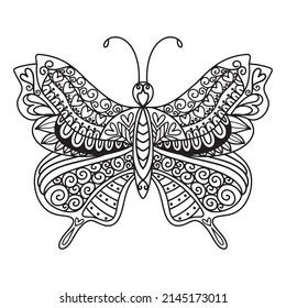 Butterfly mandala pattern for coloring book, adult therapy coloring pages, butterfly hand-drawn illustration