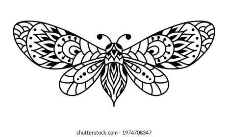 butterfly mandala. Vector silhouette illustration. Monochrome zentangle moth. Linear art symbol. Vintage insect.