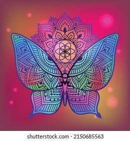 Butterfly Mandala zen Sacred geometry. Vector illustration decorative element. Adult Coloring book Butterfly. Ornate fantasy Boho style