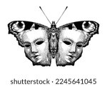 Butterfly with mask for human face. Tattoo template. Black and white dot art on isolated background. Vintage hand-drawn illustration. Engraving sketch