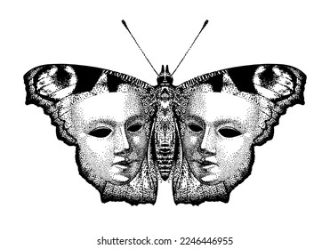 Schmetterling mit Maske für menschliches Gesicht. Tattoo-Vorlage. Schwarz-Weiß-Punktkunst auf isoliertem Hintergrund. Vintage handgezeichnete Illustration. Gravierskizze