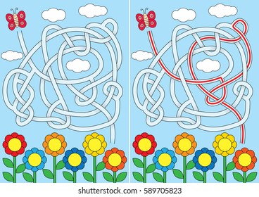 Butterfly maze for kids with a solution