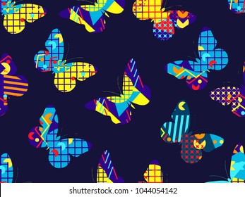 Butterfly memphis seamless pattern. Geometric elements memphis in the style of 80's. Vector illustration