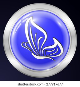Butterfly Metal Icon. Vector Button in Shape of Circle