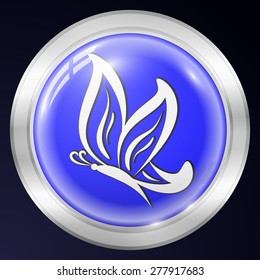 Butterfly Metal Icon. Vector Button in Shape of Circle