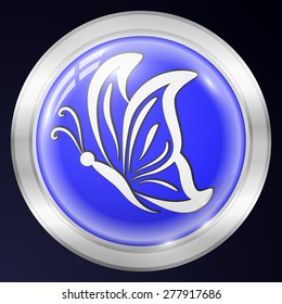 Butterfly Metal Icon. Vector Button in Shape of Circle