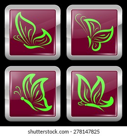 Butterfly Metal Icon. Vector Button in Shape of Square with Rounded Corners