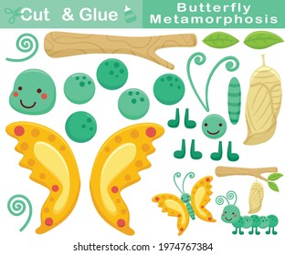 Butterfly metamorphosis cartoon. Education paper game for children. Cutout and gluing. Vector cartoon illustration