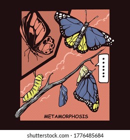 Butterfly metamorphosis illustration in retro comic style