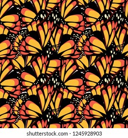 Butterfly Monarch With Macro Textured Wings Seamless Pattern. Vector Illustration.