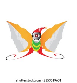 butterfly monster. one-eyed monster, wings like a butterfly, has a beard and a red beanie hat.