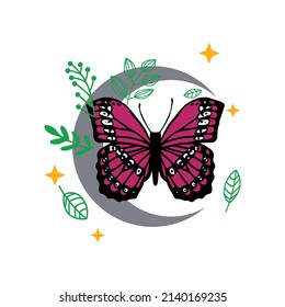 Butterfly and moon in green leafs vector t-shirt fashion design 