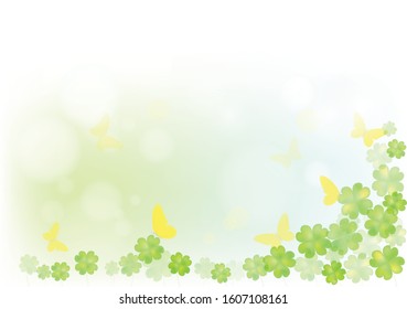 Butterfly in the morning light with fresh green leaves Background, symbol of Saint Patrick's Day, Irish festival celebration greeting card design nature background, vector illustration.