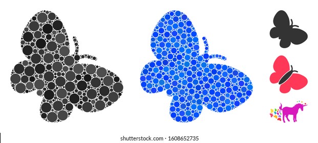 Butterfly mosaic of filled circles in variable sizes and color tones, based on butterfly icon. Vector filled circles are united into blue mosaic. Dotted butterfly icon in usual and blue versions.