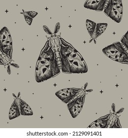 Butterfly. Moth. Black magic seamless pattern. Hand engraved tattoo style illustration Spooky night gothic witchcraft