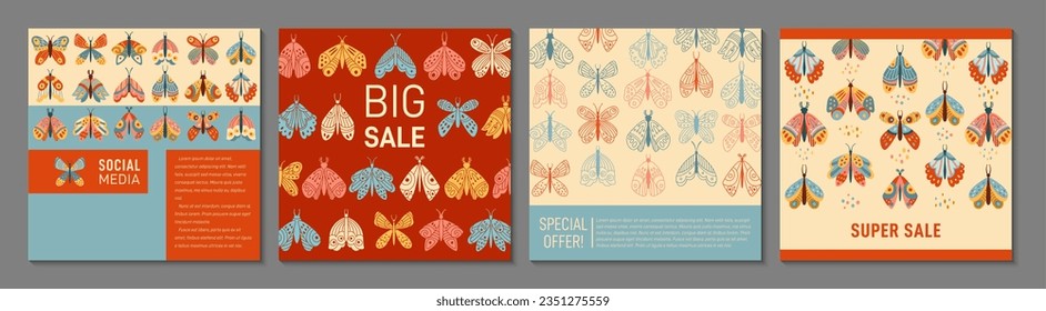 Butterfly moth cover or square card mystical boho design set. Retro bohemian insects pattern flyer, notebook planner with ornament. Brochure social media catalog. Decorative magic moth page background