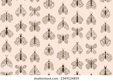 Butterfly or moth doodle seamless pattern. Ethnic bohemian insects line repeat ornament. Fantasy mystical boho outline moth flying magic insects texture mystical butterfly boundless wallpaper template