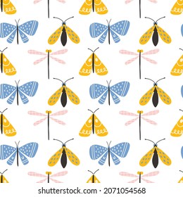 Butterfly, moth and dragonfly seamless pattern. Cute doodle hand drawn insects in trendy pastel colors. Sweet funny scandinavian butterflies for kids textile. Delicate and trendy design.