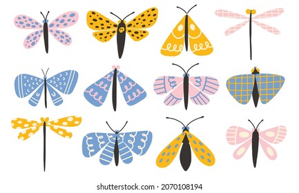 Mariposa, polilla y libélula. Los insectos dibujados a mano con doodle en tonos pastel de moda. Las dulces y divertidas mariposas escandinavas para los niños. Delicada y de diseño.