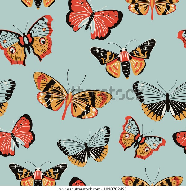 蝶と蛾 パステルカラーのシームレスなパターンテクスチャ背景に 無限の蝶と夜飛びの蛾 織物 包装 壁紙用の繰り返し飛翔する昆虫イラストデザイン のベクター画像素材 ロイヤリティフリー
