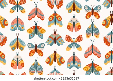 Butterfly and moth ethnic boho seamless pattern. Retro bohemian insects repeat ornament. Fantasy mystical moth flying magic insects texture, mystical butterfly boundless wallpaper ornate folk template