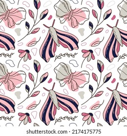 Butterfly, moth, flower, twig. Hand drawn seamless vector pattern in doodle style with abstract shapes. Cute illustration in gentle pastel pink colors isolated on a white background. Children's print