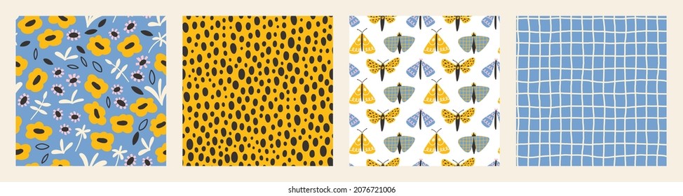 Mariposa, polilla, gingham, colección de patrones sin costuras de puntos. Los insectos dibujados a mano con doodle en colores brillantes y modernos. Dulces y divertidas impresiones escandinavas para niños textiles. Delicada y de diseño.