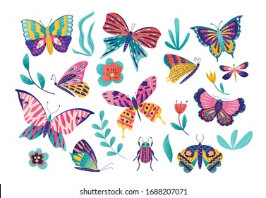 Butterfly Moth Insect Vector Illustration Set. Cartoon Insects Collection With Colorful Flying Butterflies Group Among Spring Grass Or Summer Garden Flower, Flat Beetle Bug Icons Isolated On White