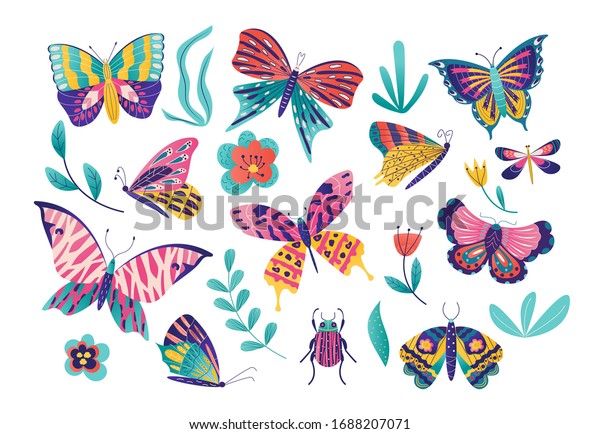 Butterfly moth insect vector illustration set.\
Cartoon insects collection with colorful flying butterflies group\
among spring grass or summer garden flower, flat beetle bug icons\
isolated on white