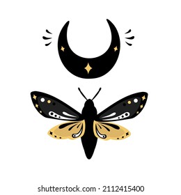Butterfly moth with moon esoteric mystic illustration