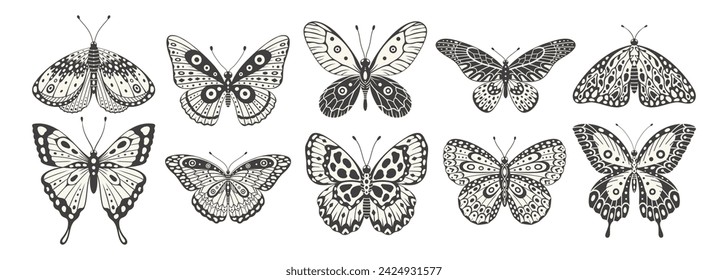 Butterfly and moth set, vector. Y2k style aesthetic, wing shapes in front view, magic symbols collection, abstract illustration. Black and white tattoo print