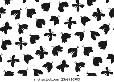 Butterfly and moth silhouette seamless pattern. Retro black and white insects repeat ornament. Fantasy boho moth flying magic insects texture, mystical butterfly boundless wallpaper ornate template