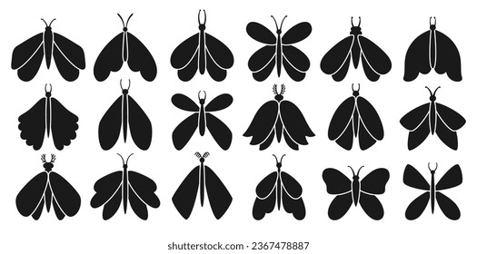 Butterfly or moth simple symbol silhouette set. Retro boho insects with different wing shapes. Fantasy stylized celestial moth figure, flying magic insect sign butterfly. Mystical black cartoon vector