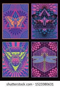 Butterfly, Moth, Spider, Dragonfly Psychedelic Art Poster Style, Ornate Background, Psychedelic Colors