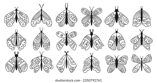 Butterfly or moth tattoo, mystical doodle boho set. Retro bohemian insects with ethnic decoration ornament wings. Fantasy celestial moth flying magic insects mystical butterfly line folk ornate vector