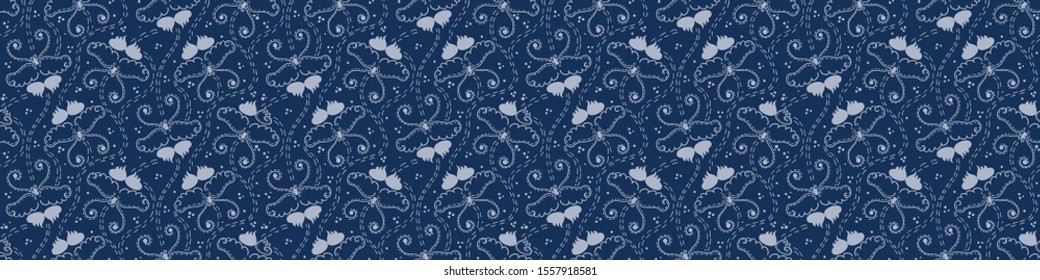 Butterfly Motif Embroidery Sashiko Kantha Vector Border Pattern. Asian Needlework Seamless Banner Edge. Indigo Blue Running Hand Stitch Texture Trim. Japan Decor. Simple Quilting Washi Tape EPS 10