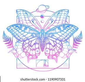 Butterfly in mystical circle t-shirt design. Symbol of magic, renaissance, esoterics, travel, soul. Butterfly tattoo art 