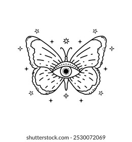 Butterfly with mystical eye in doodle style on white background.