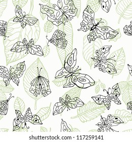 Butterfly. Nature seamless background. Hand drawn illustration.